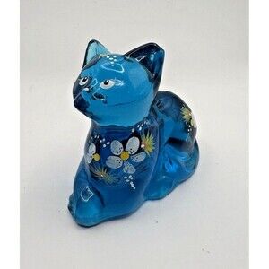 Fenton Perky Aqua Blue Hand Painted Signed Cat No Sticker Used